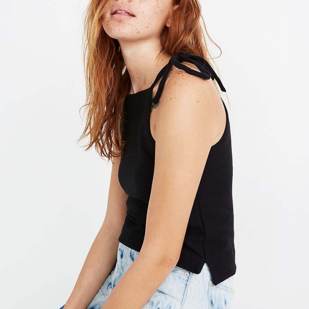 NWT Madewell Black Ribbed Tank Top Tie-Shoulder Sweater Knit Loose Fit Size XL